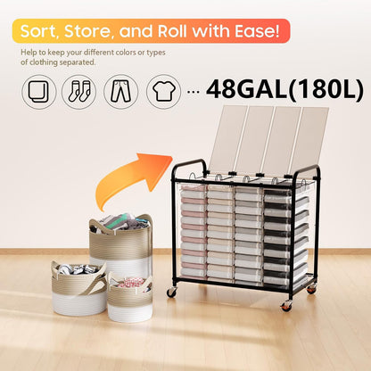 180L (47.55 Gal) Laundry Sorter 3 Section, Rolling Laundry Basket with Lockable Wheels and Lid, Laundry Hamper with 3 Separated Removable Bags Dirty Clothes Hamper for Laundry Room Organizer, Black