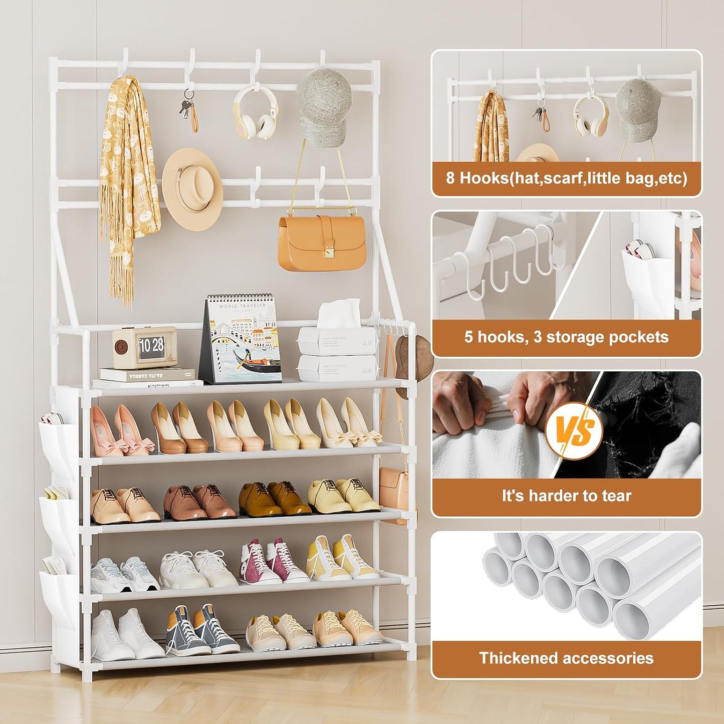 OYREL Shoe Rack, 5 Tier Shoes Storage Organizer, with Functional Hooks and Side Pocket, 20-25 Pairs, for Closet/Entrance/Entryway, Sneaker and Boot Stackable Free Standing Shoe Rack