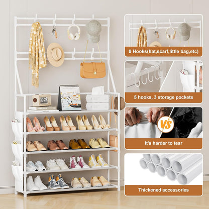 OYREL Shoe Rack, 5 Tier Shoes Storage Organizer, with Functional Hooks and Side Pocket, 20-25 Pairs, for Closet/Entrance/Entryway, Sneaker and Boot Stackable Free Standing Shoe Rack
