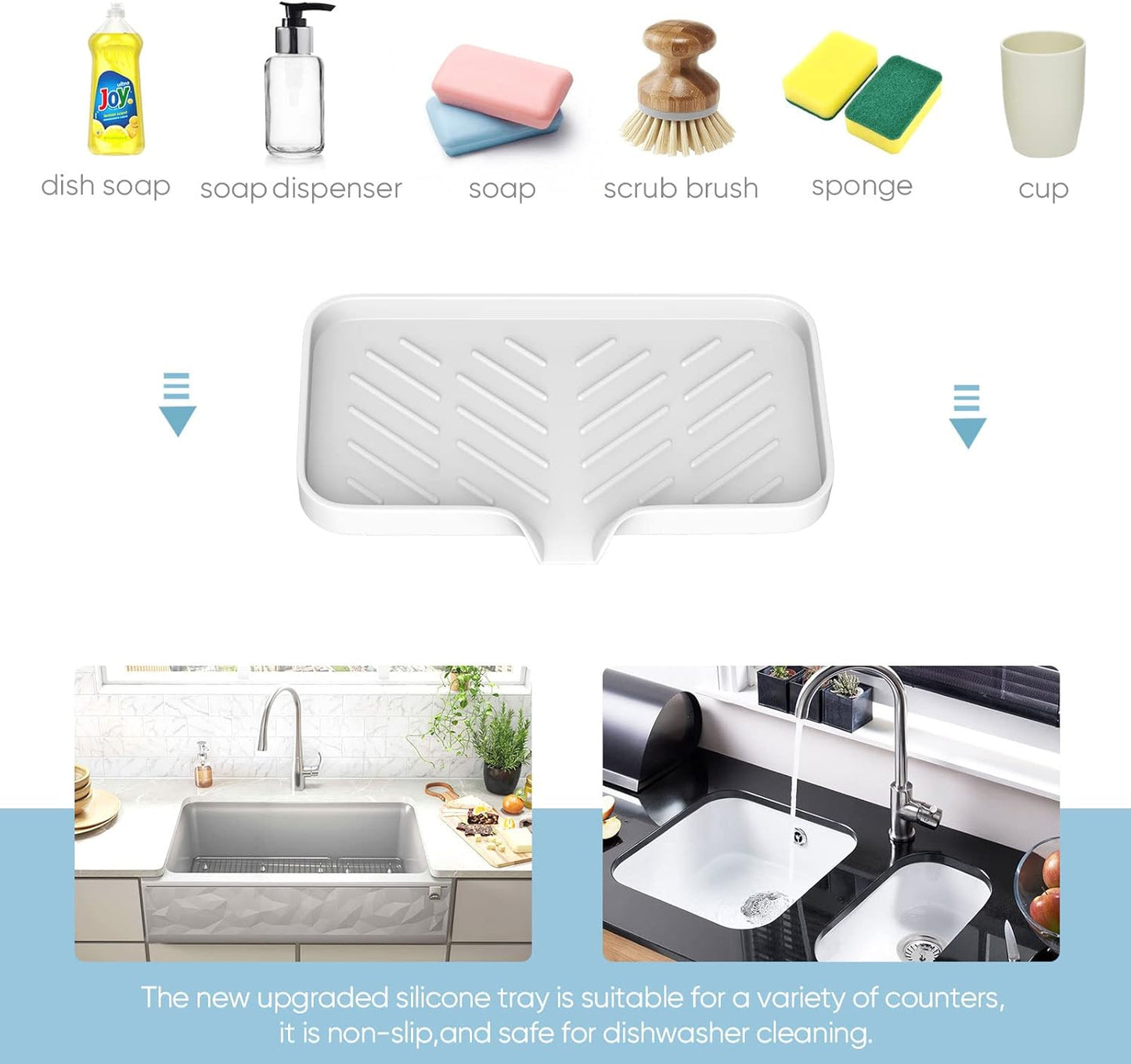 Kitchen Soap Tray,Kitchen Sink Tray Sponge Tray Kitchen Sponge Holder Self Draining Premium Silicone Soap Holder for Bathroom Counter Sink Caddy Organizer for Dish Soap Bottle,Soap Dispenser