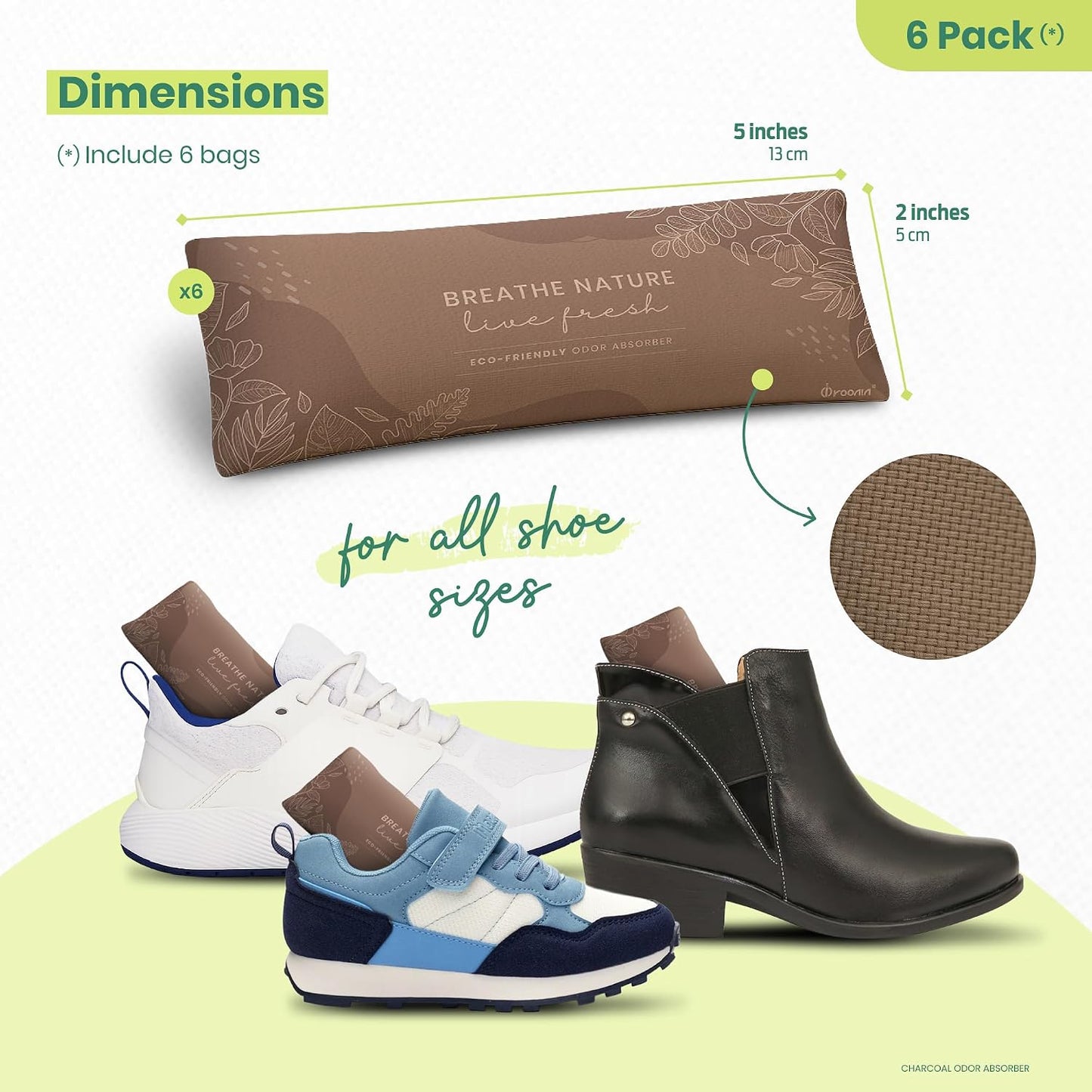 Roonin Shoe Deodorizer Insert - Shoe Odor Elimination - Activated Charcoal Odor Absorber - Odor Eliminator For Shoes - Shoe Freshener - Boot Deodorizer (6-pack)