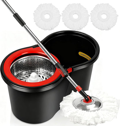 Spin Mop and Bucket with Wringer Set, 360°Rotating Head Mop Bucket System, 3 Replacement Mop Heads for Floor Cleaning (Black & Red) (Three mop Heads)