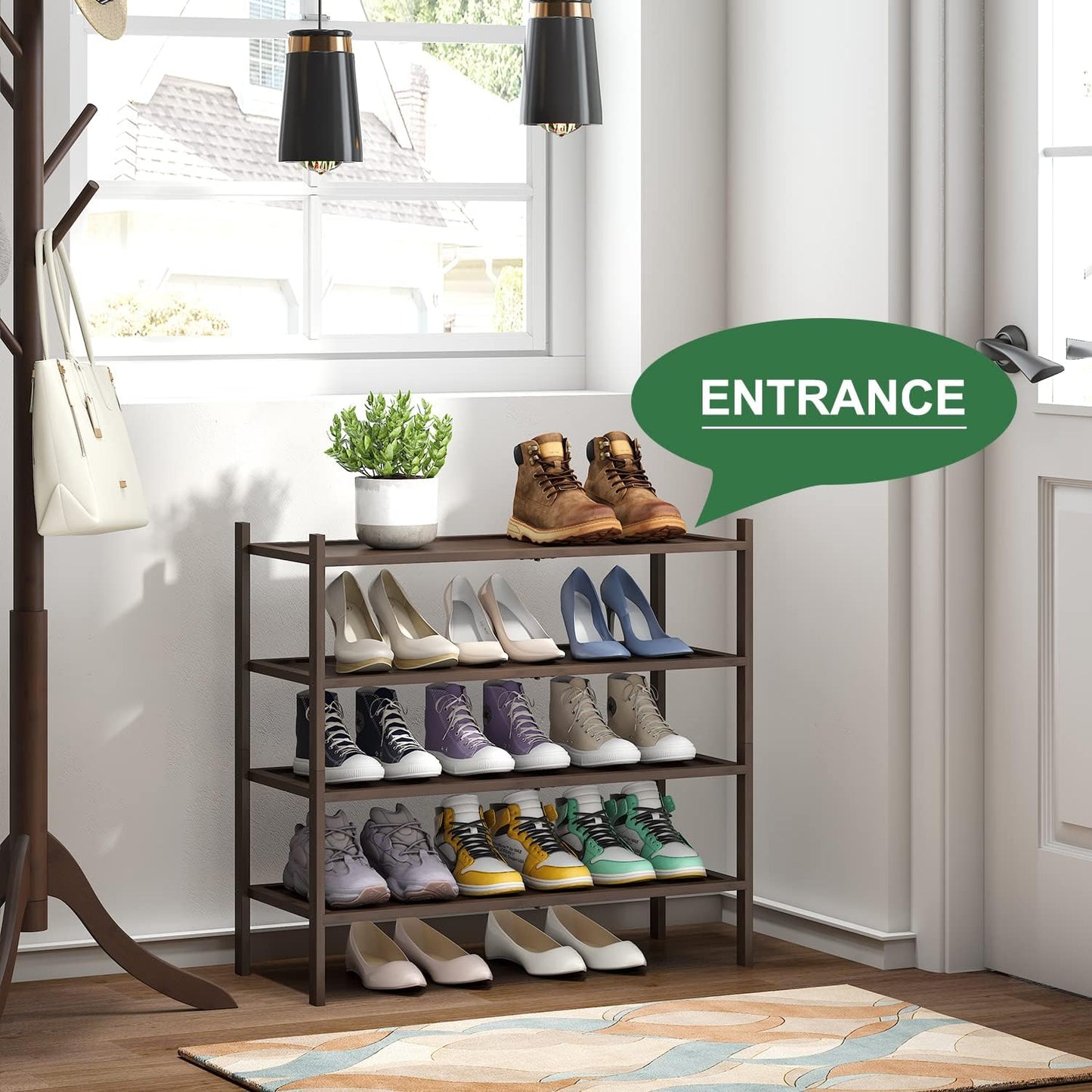 kiplant Small Shoe Rack, 4-Tier Bamboo Wood Shoe Rack for Entryway, Stackable Shoe Organizer for Hallway Closet, Free Standing Shoe Racks for Indoor & Outdoor