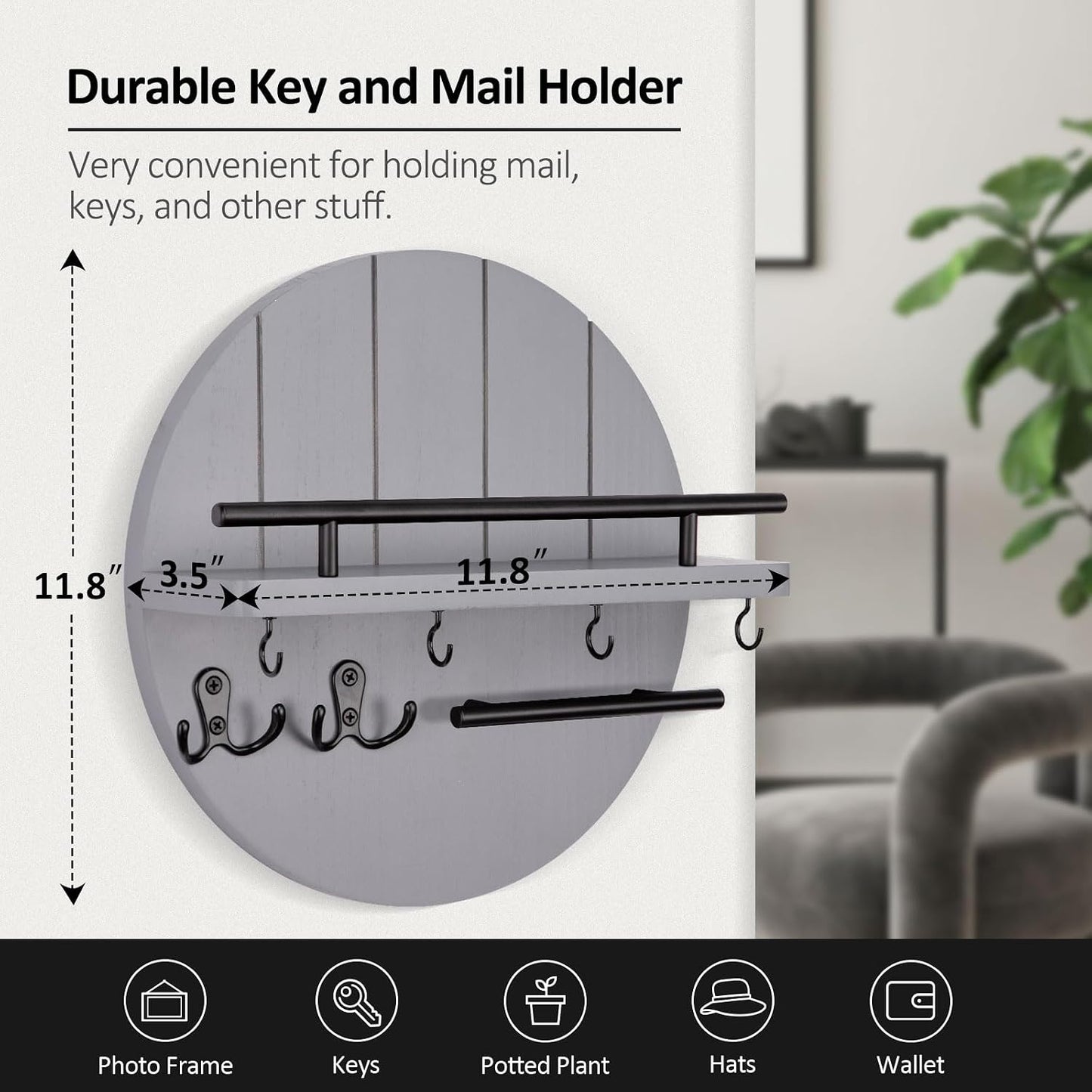 Nekon Key Holder Wall Mount, 11.8 Inch Rack With Shelf and 6 Hooks, Rustic Mail Organizer, Circular Wooden Hanger for Entryway Hallway Kitchen (Brown&Gold)