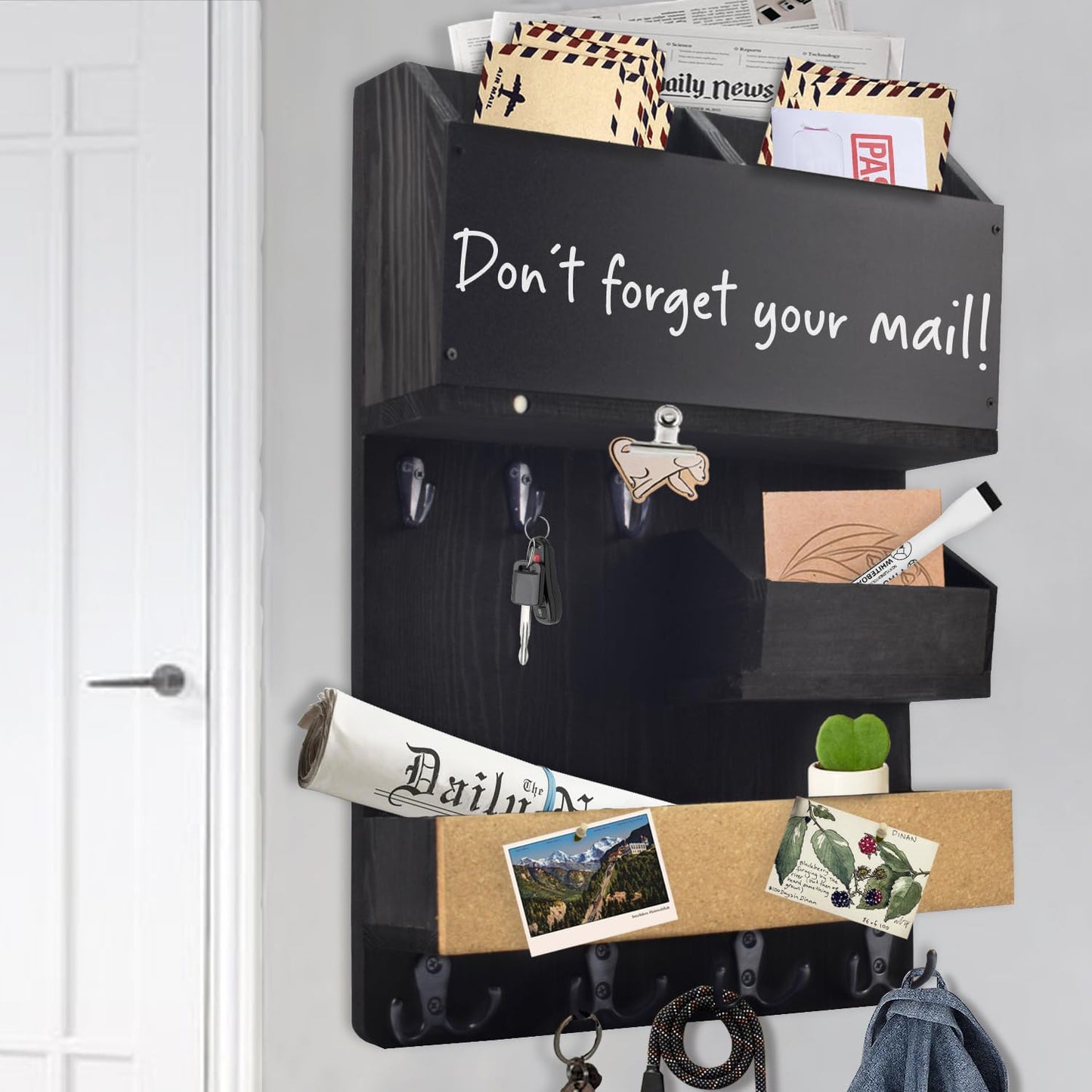 Key Holder for Wall Mount with Shelf and Mail Organizer, Key and Mail Holder with 16 Hooks, Farmhouse Entryway Organizer, Home Decor Rack (Pine Wood, Black)