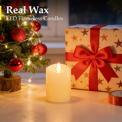 3"x4" Flickering Flameless Battery Candles with Timer, White Realistic LED Pillar Candles, Set of 2 Large Remote-Operated Candles for Home Indoor/Outdoor & Holiday Decor