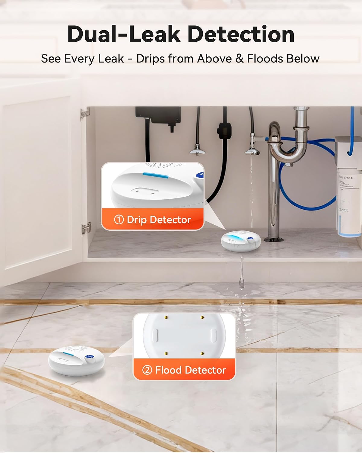 PILSAMAS Wireless Water Leak Detector, Loud Siren Water Sensor Alarm, IP67 | Top and bottom dual metal probes, Rustproof ABS plastic, Real-time drip and flood detection, Great for under sink or basement