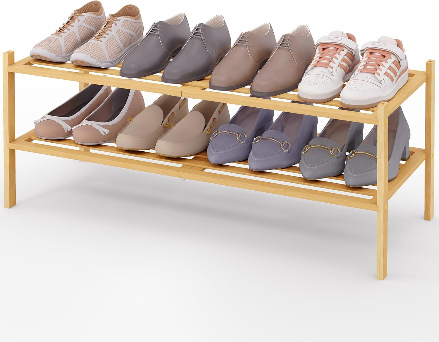 Smiry Bamboo Shoe Rack, 3 Tier Free Standing Wooden Shoe Organizer, Stackable Wood Shoe Storage Shelf for Closet, Entryway, 5 Horizontal Slats, 26.8"x11"x18.3", Natural