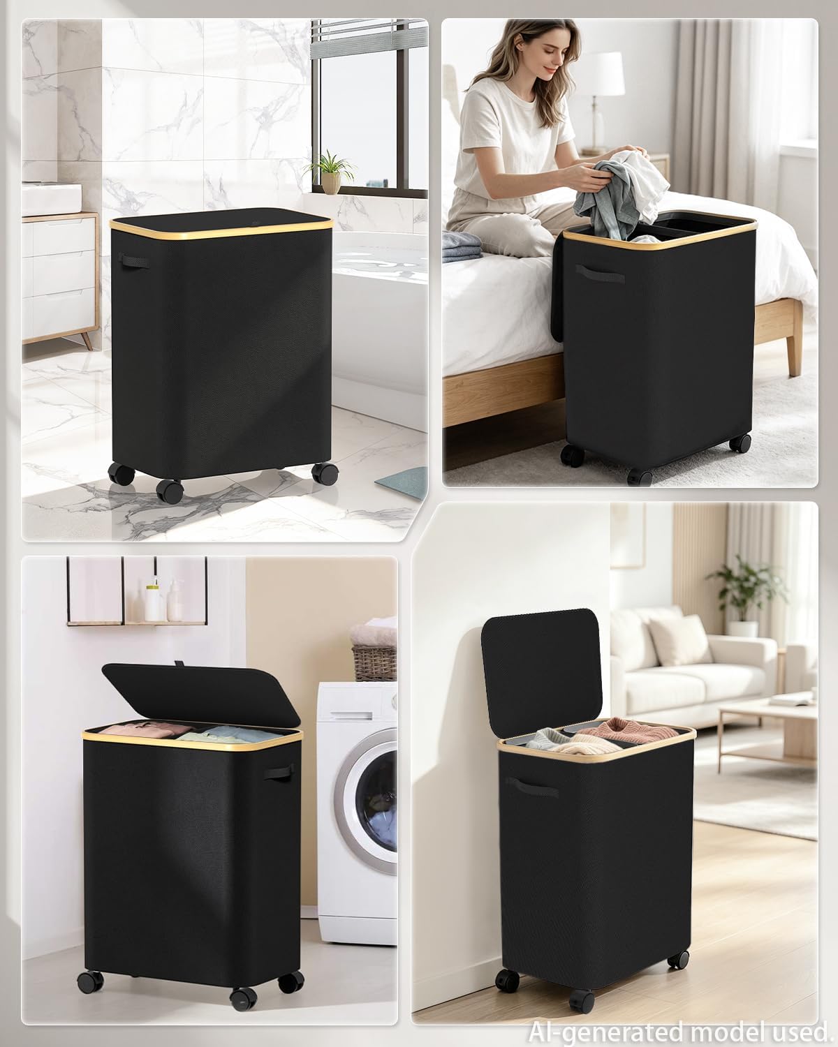 Double Laundry Hamper with Lid and Wheels, 150L Large Laundry Basket with 2 Sections & Removable Liner Bags, Rolling Dirty Clothes Basket with Handles for Bedroom, Bathroom, Dorm, College