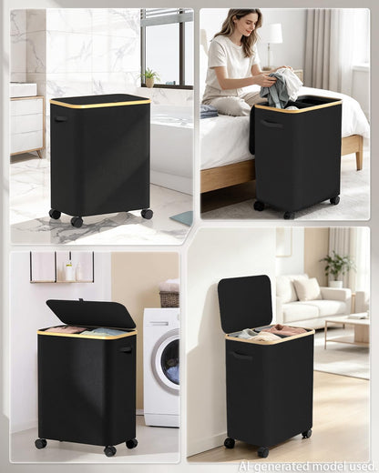 Double Laundry Hamper with Lid and Wheels, 150L Large Laundry Basket with 2 Sections & Removable Liner Bags, Rolling Dirty Clothes Basket with Handles for Bedroom, Bathroom, Dorm, College
