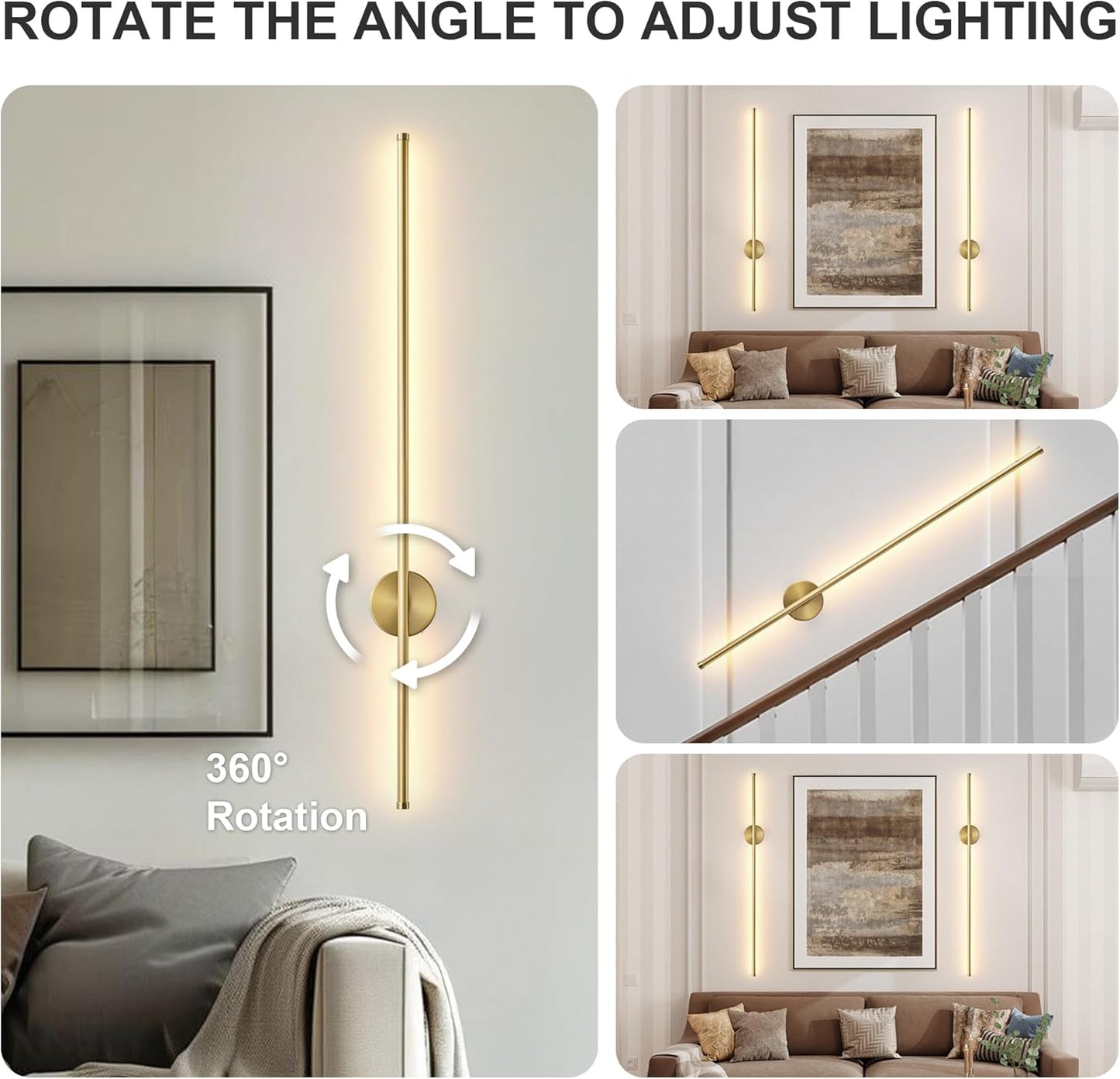 Battery Operated Modern Wall Sconces, Dimmable Wireless Wall Light Set of Two with Remote Control, 3 Color Temperatures, Rechargeable LED Wall Sconce for Bedroom, Living Room, Hallway, 23.6 Inch Brass