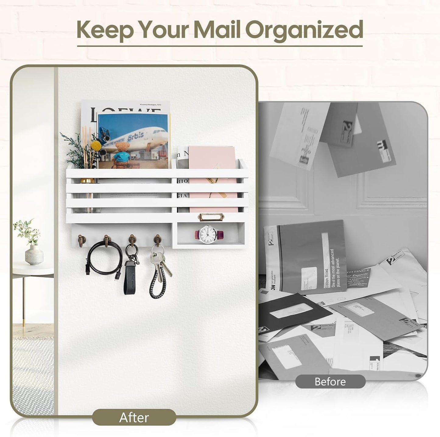 FifthQuarter Key Holder Wall Mount: Key and Mail Holder for Wall with 6 Hooks and Storage Drawer, Easy Installation Key Rack for Entryway Home Decor (A-White)