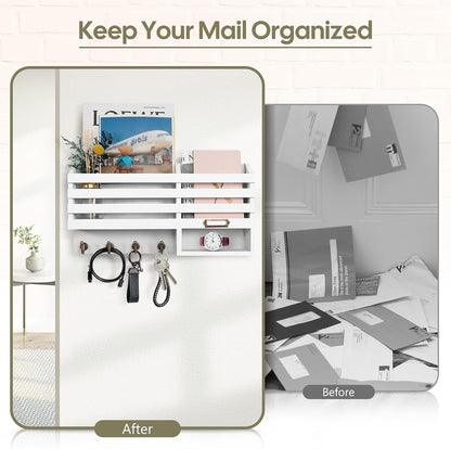 FifthQuarter Key Holder Wall Mount: Key and Mail Holder for Wall with 6 Hooks and Storage Drawer, Easy Installation Key Rack for Entryway Home Decor (A-White)