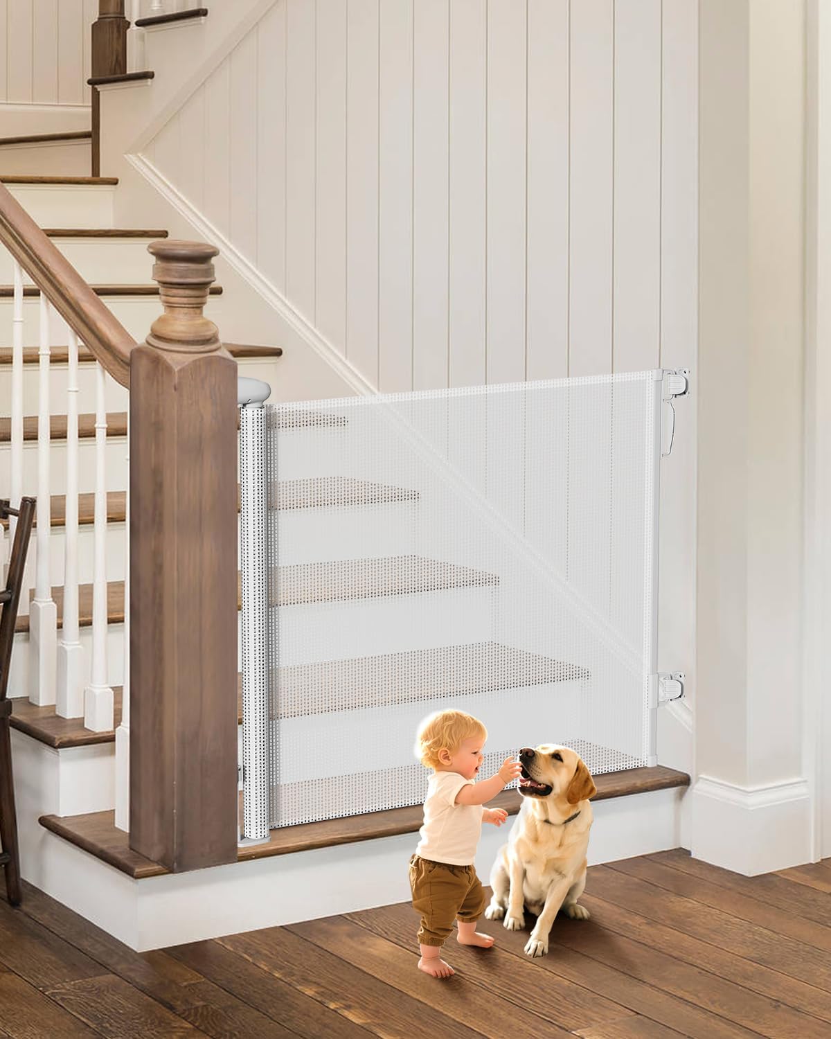 Retractable Baby Gate - 55" Wide Mesh Pet Gate with Anti-Crawling Hook, Safety Lock, One-Hand Operation, 34" Tall Baby Gate for Stairs, Doorways, Hallways, Garage, Indoor Outdoor, Black