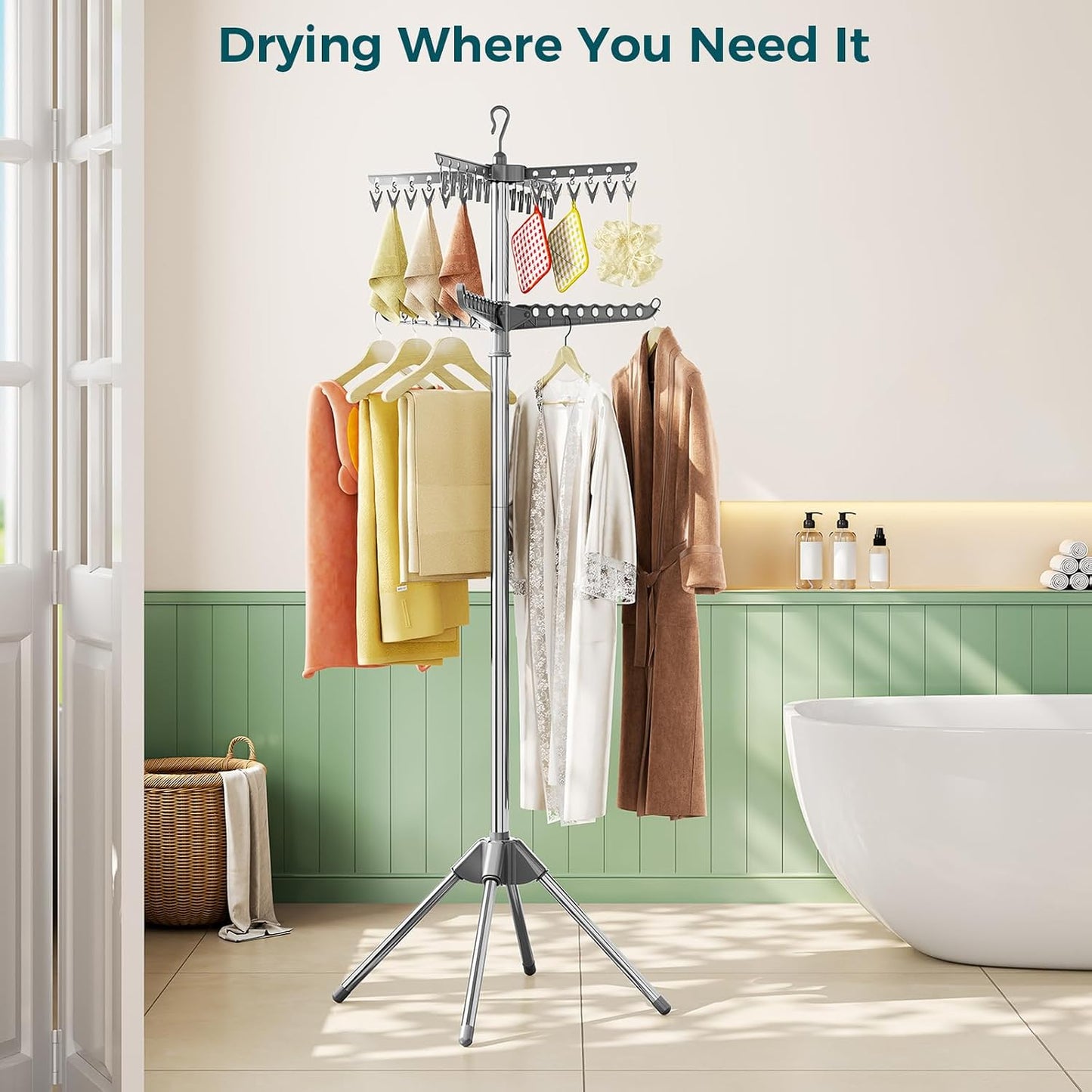 KINGBOARD Clothes Drying Rack, 2-Tier Foldable Drying Rack Clothing, 72-Inch Laundry Drying Rack with 3 Rotatable Arms and 24 Clips, Free Standing Drying Rack, Grey and Silver