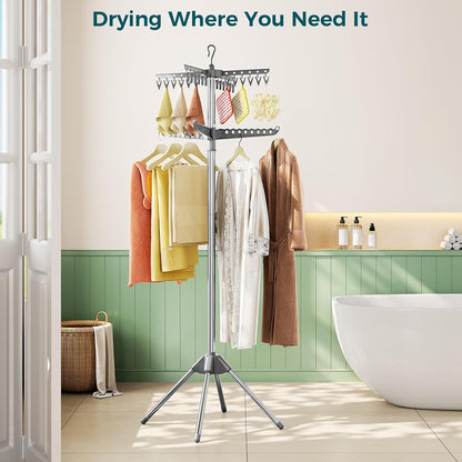 KINGBOARD Clothes Drying Rack, 2-Tier Foldable Drying Rack Clothing, 72-Inch Laundry Drying Rack with 3 Rotatable Arms and 24 Clips, Free Standing Drying Rack, Grey and Silver