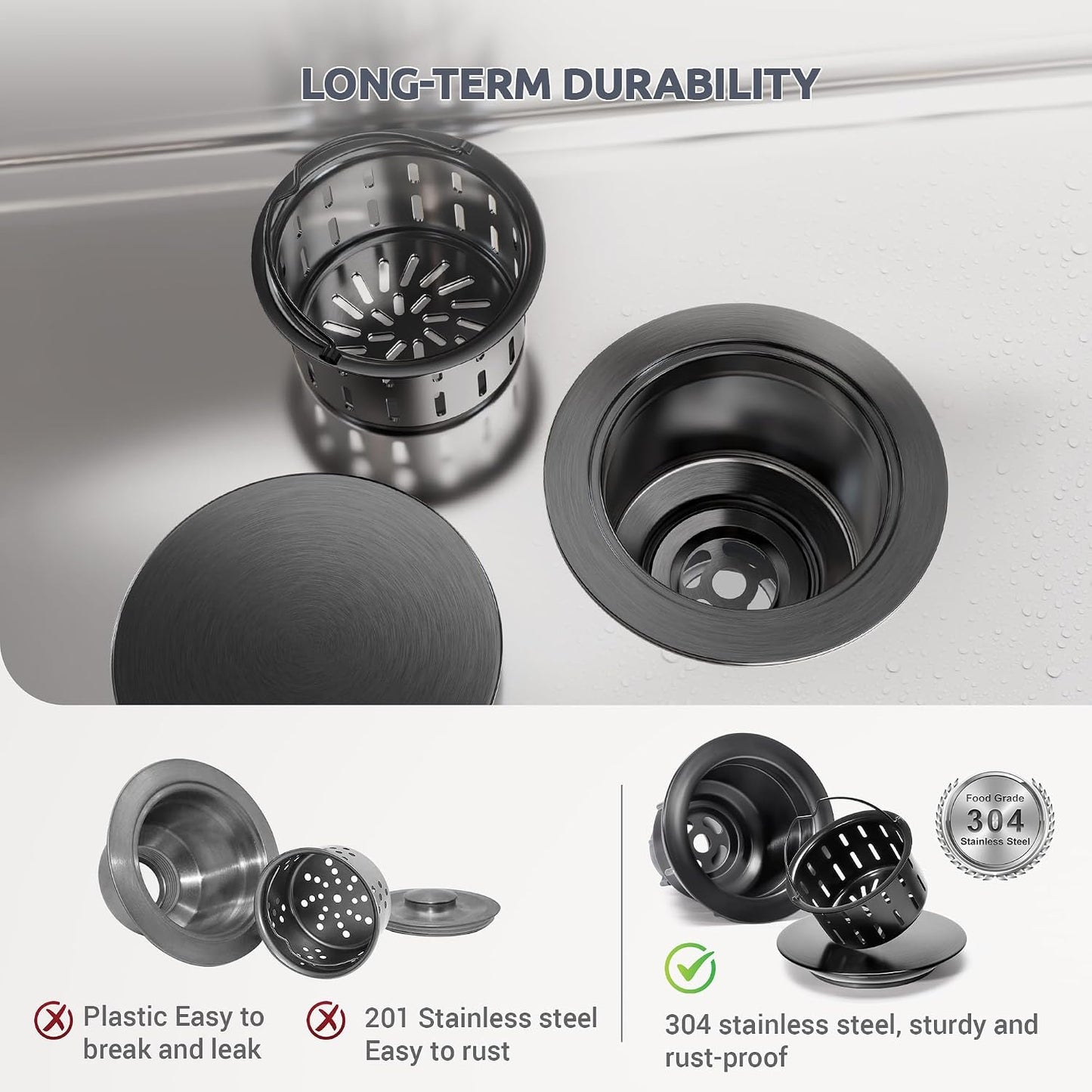 BOTEMY Kitchen Sink Drain Assembly with Removable Deep Basket Strainer, Anti-Clog Sink Drain Kit, Stainless Steel & ABS, Easy Clean Lift-Out Strainer, Fits Standard 3-1/2 Kitchen Sinks - Brushed
