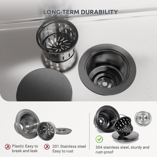 BOTEMY Kitchen Sink Drain Assembly with Removable Deep Basket Strainer, Anti-Clog Sink Drain Kit, Stainless Steel & ABS, Easy Clean Lift-Out Strainer, Fits Standard 3-1/2 Kitchen Sinks - Brushed