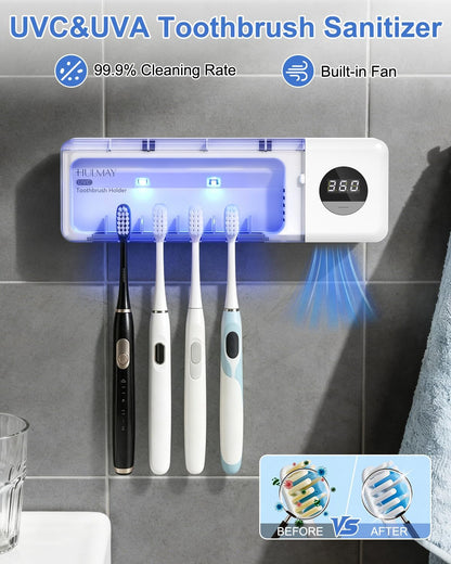 UV Toothbrush Sanitizer with Holder, Electric Toothbrush Holder Wall Mounted with Cover for 4 Slots, 2000mAh Rechargeable with Timer, Cordless Bathroom Organizer - White