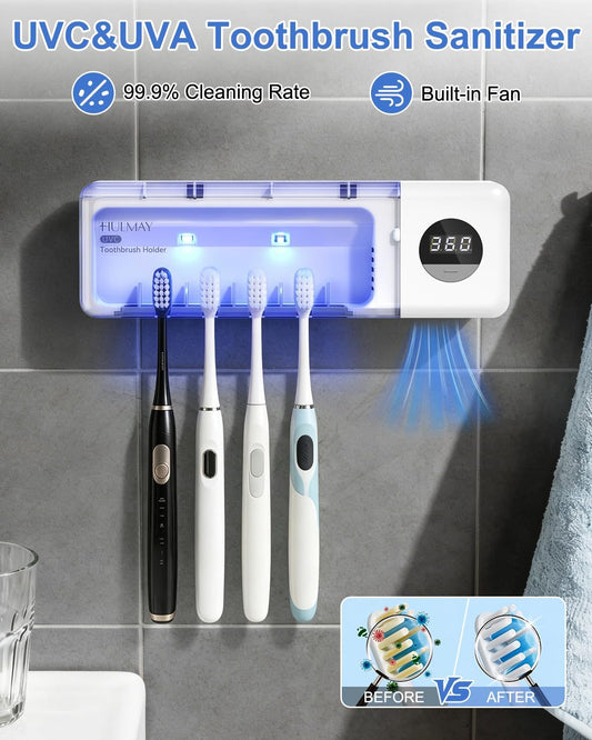 UV Toothbrush Sanitizer with Holder, Electric Toothbrush Holder Wall Mounted with Cover for 4 Slots, 2000mAh Rechargeable with Timer, Cordless Bathroom Organizer - White