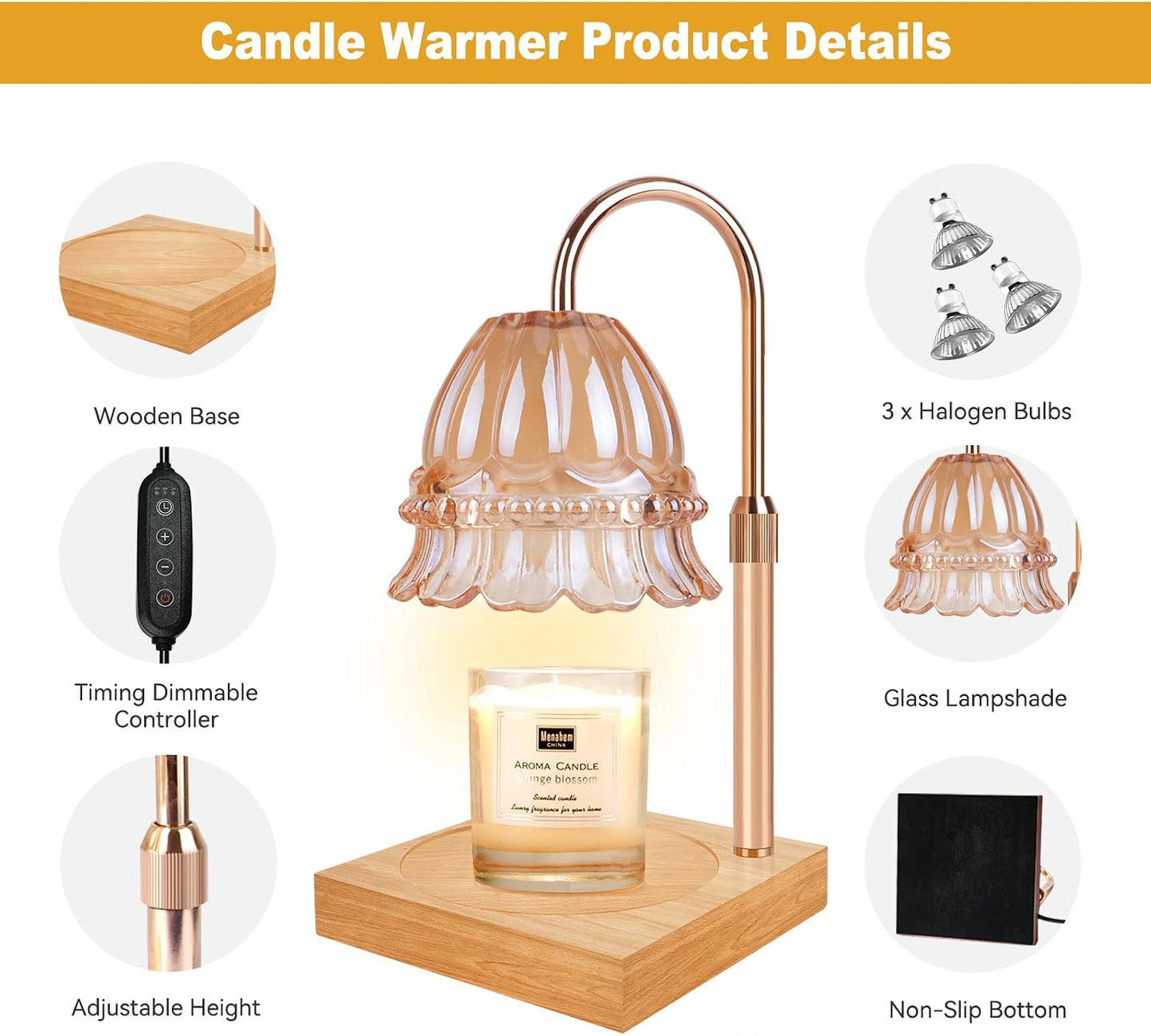 Candle Warmer Lamp with Timer & Dimmer, Candle Warmer Height Adjustable, Fits All Jar Scented Candles, Candle Lamp with 3 Bulbs, Charming Gift Box with Ribbon for Gifting