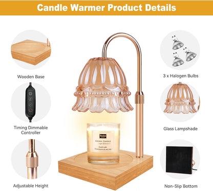 Candle Warmer Lamp with Timer & Dimmer, Candle Warmer Height Adjustable, Fits All Jar Scented Candles, Candle Lamp with 3 Bulbs, Charming Gift Box with Ribbon for Gifting