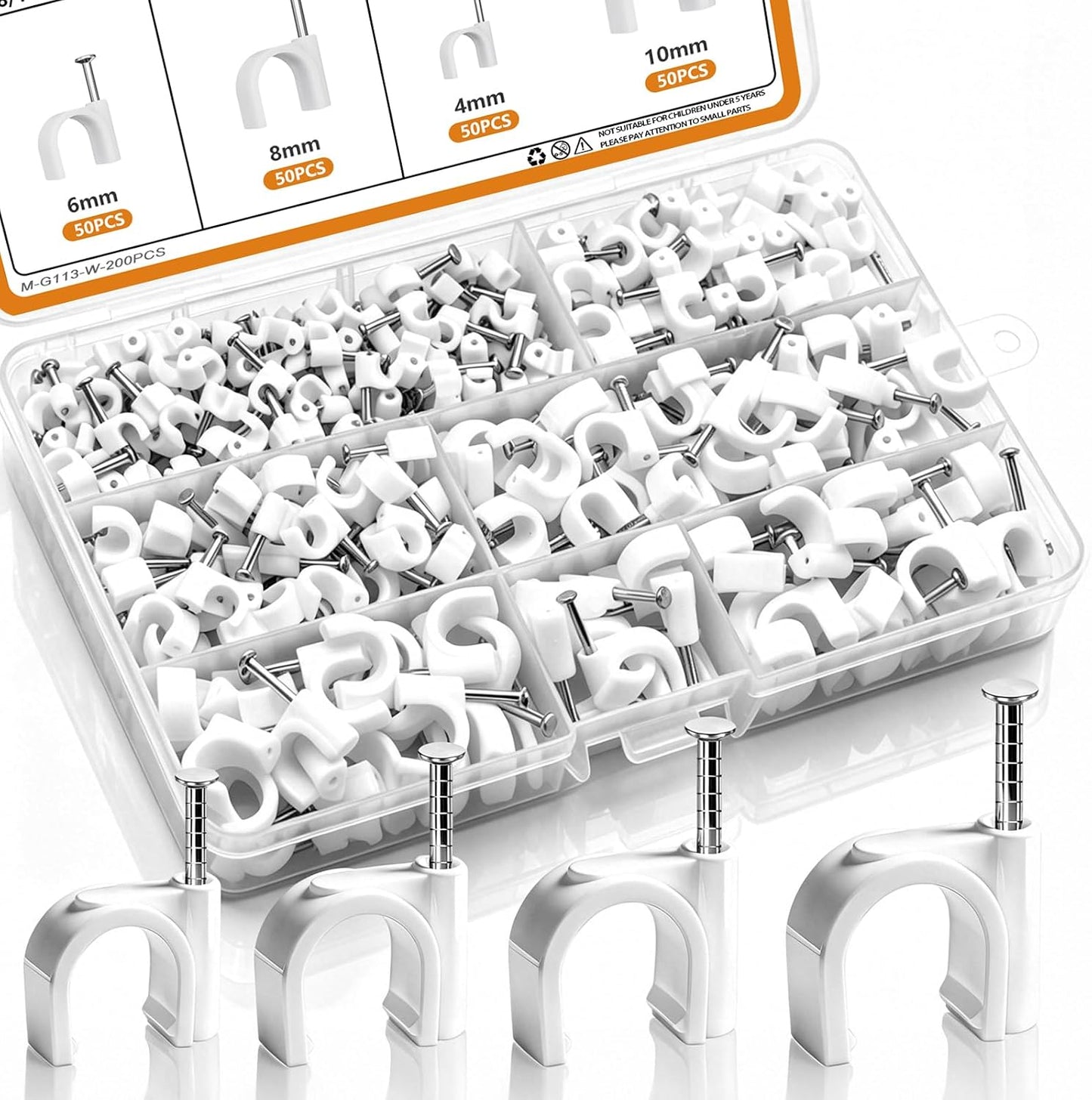 mankk 630PCS Steel Nail Cable Clips 4/5/6/8/10mm Round & 5/6mm Square | cable tacks for CAT6 RJ45 RG6 RG59 ethernet coax cords, white wall mounting clips