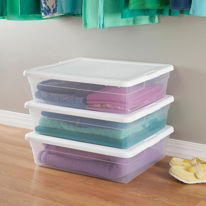 Sterilite 6 Pack Storage Box, 41 Quart Stackable Tote, Clear Plastic Container with Secure Snapping White Lids for Home and Office Organization