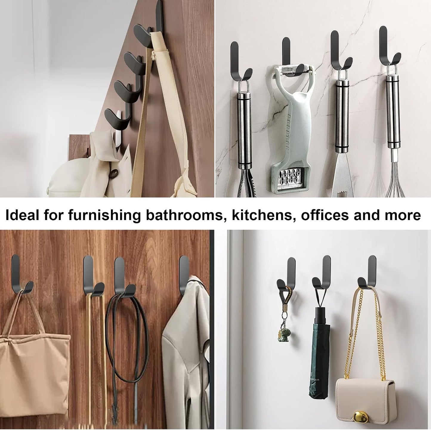 ATDOALL Adhesive Towel Hooks, 20 PCS Stainless Steel Self Adhesive Wall Hooks, Black Heavy Duty Shower Hook, Waterproof Oilproof Rustproof for Bathroom, Kitchen, Living Room