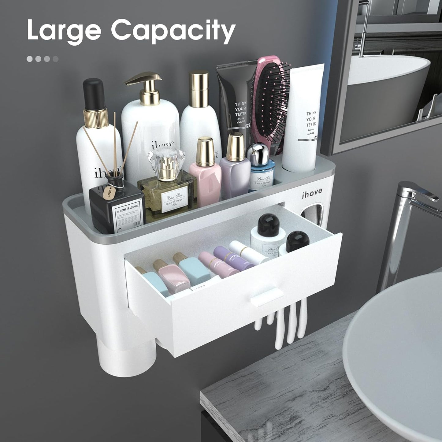 iHave Toothbrush Holders for Bathrooms, 2 Cups Toothbrush Holder Wall Mounted with Toothpaste Dispenser - Large Capacity Tray, Cosmetic Drawer - Tooth Brushing Holder & Bathroom Accessories