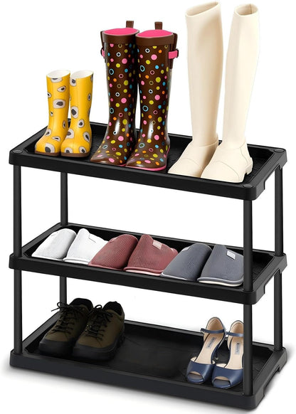 Cinnvoice Boot Tray Rack for Entryway Plastic Waterproof Shoe Mat Tray Large Storage Shelf for Indoor Outdoor Entryway Hallway Closet Use in All Seasons Black(28" d X 14.5" w X 29" h)