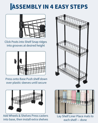 Slim Metal Rolling Storage Cart – 4-Tier Adjustable Utility Organizer with Basket Shelves & Wheels – Space-Saving Mobile Drawer Cabinet – 15.75x5.91x31.5in – for Office, Kitchen, Bathroom