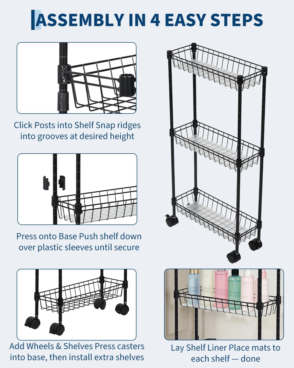 Slim Storage Cart 3 Tier, Bathroom Organizer Rolling Utility Adjustment Shelf for Small Spaces, Kitchen, Dining Room, Living Room, Bathroom, Black