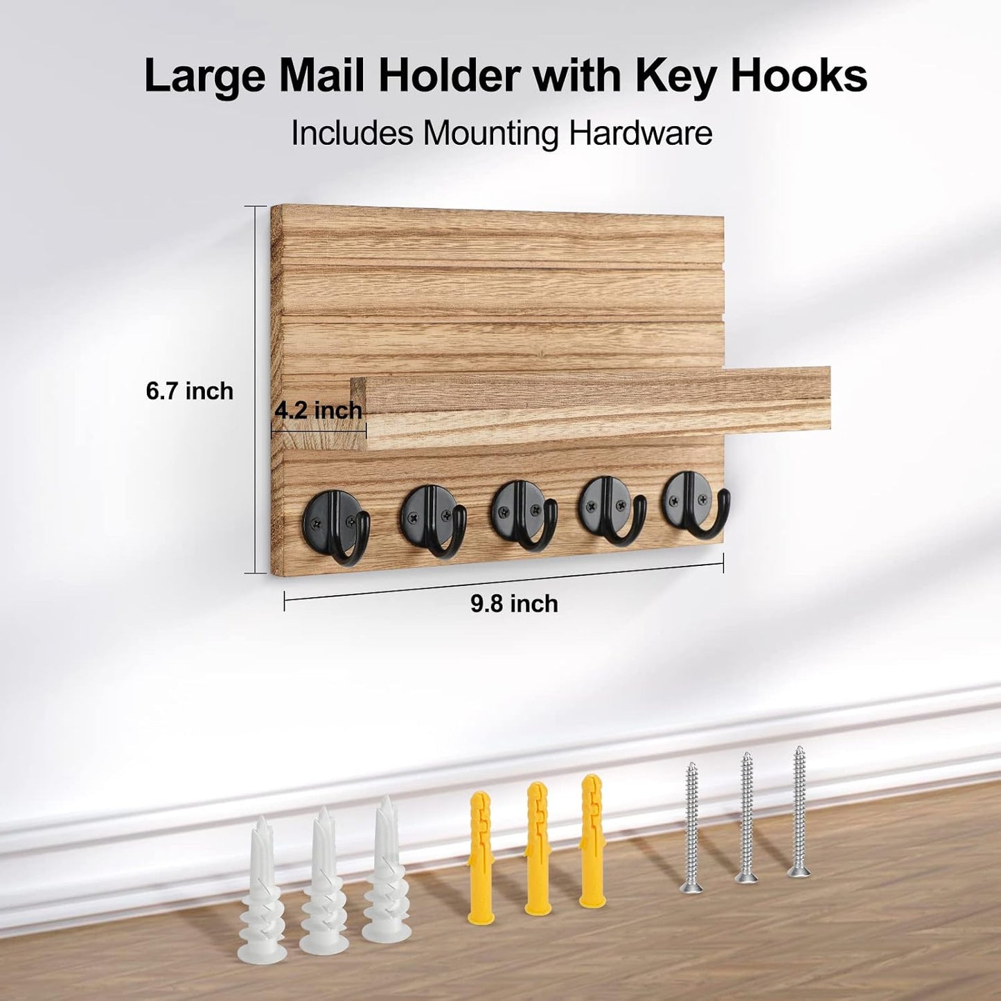 Lwenki Key Holder for Wall, Decorative Key and Mail Holder with Shelf Has Large Key Hooks for Bags, Coats – Paulownia Wood Key Hanger with Mounting Hardware (9.8”W x 6.7”H x 4.2”D) (Brown)