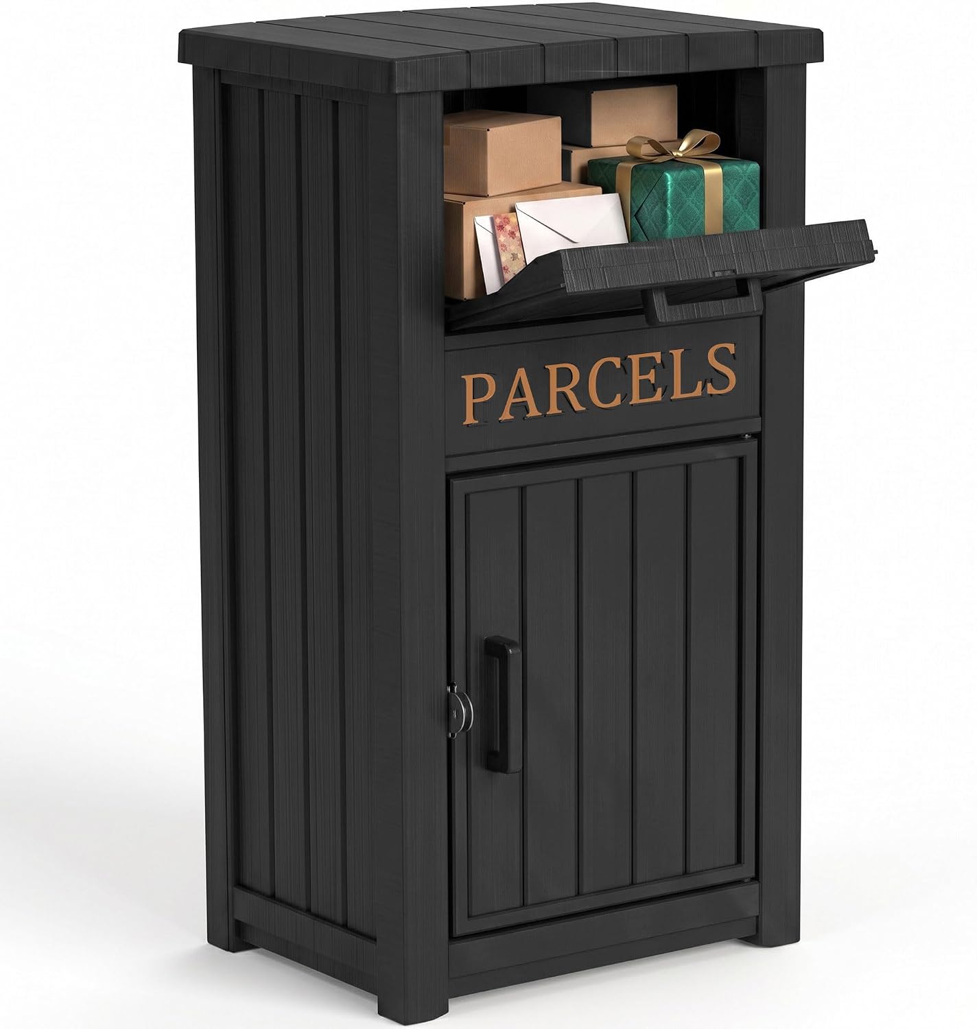 Outdoor Storage Box, 90 Gallon Package Delivery Boxes for Outside, with Lockable Secure, Deck Box Outdoor Waterproof for Entryway, Front Porch, Backyard, Garden, Patio, Lawn, Black
