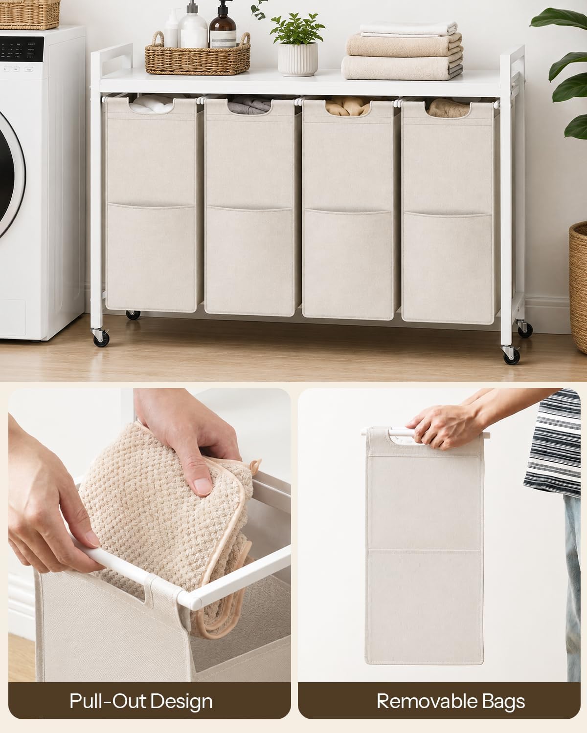 HOOBRO Laundry Sorter 4 Sections, Laundry Hamper with Wheels, 4 × 10.5 Gal (40 L), Rolling Laundry Basket, Pull-Out and Removable Oxford Fabric Bags, Rustic Brown and Black BF04XY01