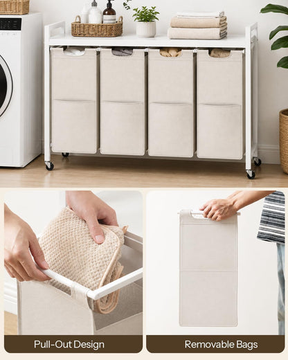 HOOBRO Laundry Sorter 4 Sections, Laundry Hamper with Wheels, 4 × 10.5 Gal (40 L), Rolling Laundry Basket, Pull-Out and Removable Oxford Fabric Bags, Rustic Brown and Black BF04XY01