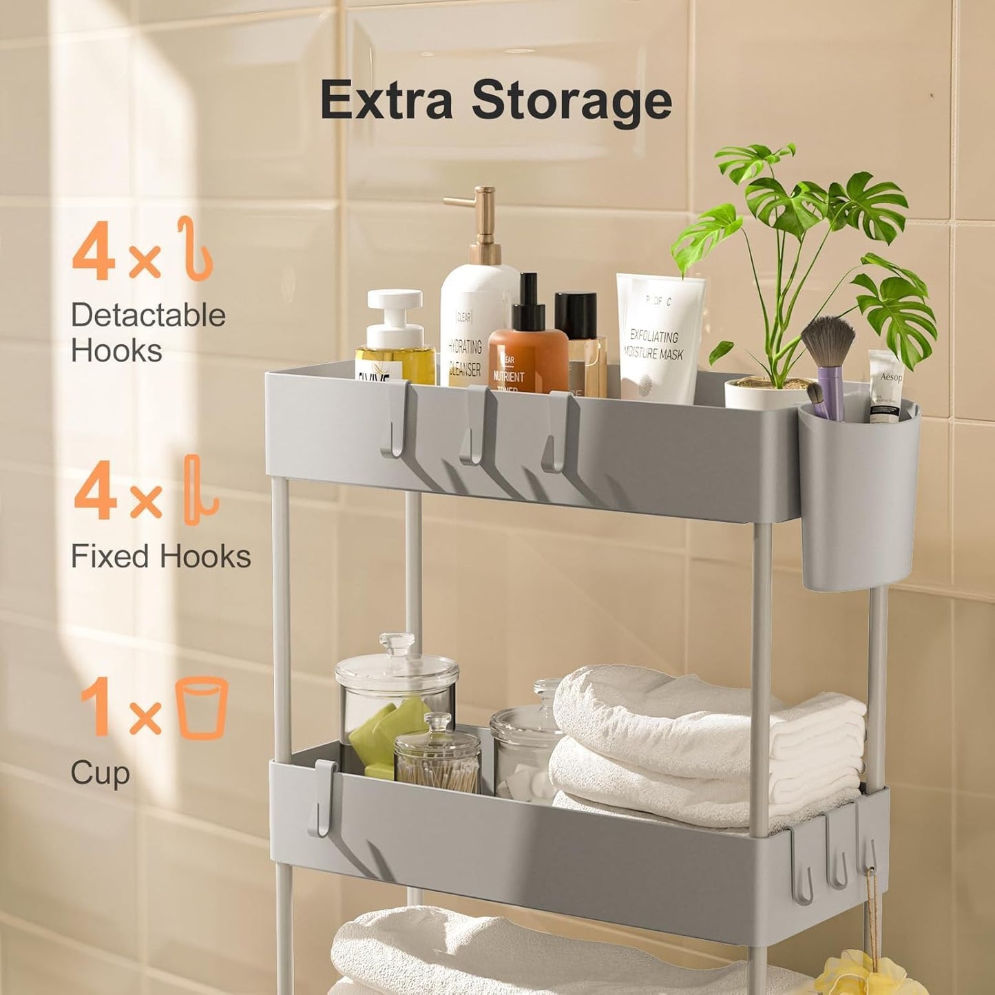 Pipishell Slim Storage Cart with Wheels - Bathroom Cart Organizer Storage, 4 Tier Rolling Carts for Bathroom, Laundry Room, Kitchen, Narrow Space, Black PIUC05