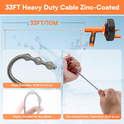 Drain Snake Hair Drain Clog Remover with Drill Adapter, 33ft Flexible Steel Spring Head Drain Augers, Manual or Powered, Sink Drain Snake Clog Remover for Bathroom Kitchen Tub Shower Drain Snake