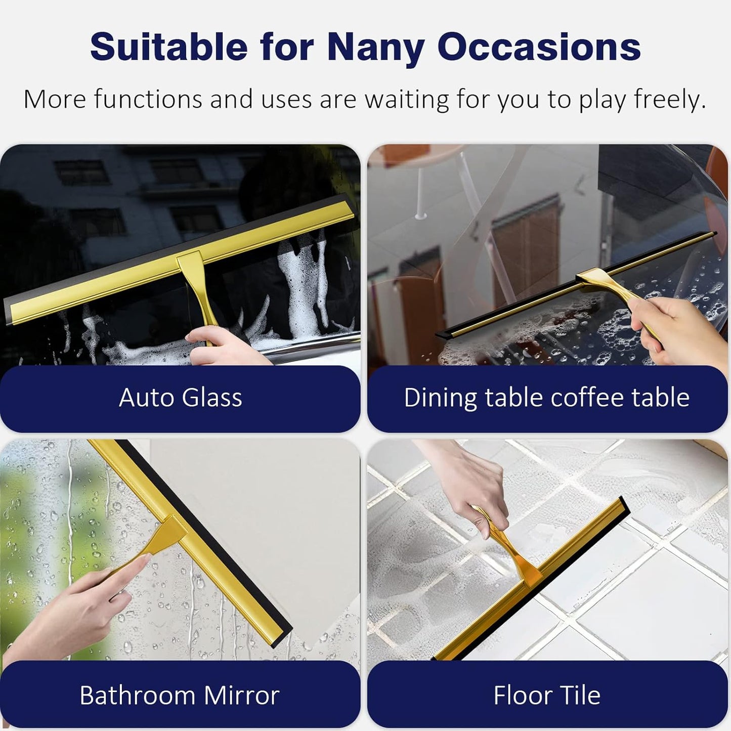 TOOVEM 12 Inch Shower Squeegee for Glass Doors, Window, Bathroom, Car Windshield, Shower Cleaning Tools with S Hook, Square Sticky Hook（Gold）