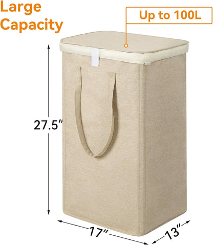 WOWLIVE 180L Laundry Hamper with Lid 3 Section,Large Laundry Basket with Removable Bags and Handles,Collapsible Dirty Clothes Hampers for Laundry,Laundry Basket Organizer for Laundry Room,Dorm,Beige