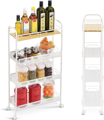 KINGRACK 4-Tier Slim Rolling Cart with Wooden Tabletop, Easy Assemble Metal Utility Cart, Slide Out Narrow Storage Cart for Narrow Space on Bedroom Bathroom Laundry Room Apartments Dormitory, Pink