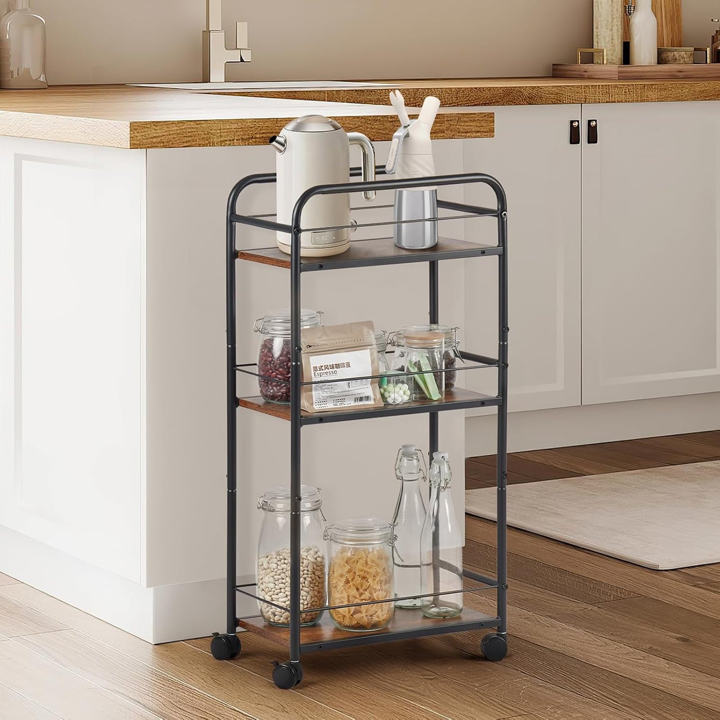 FUSLITE Small Bar Cart for Small Spaces, 3-Tier Slim Rolling Kitchen Cart on Wheels, Narrow Cart with Protective Fence, Industrial Mini Coffee Station for Home,Living Room,Bathroom, Rustic Brown