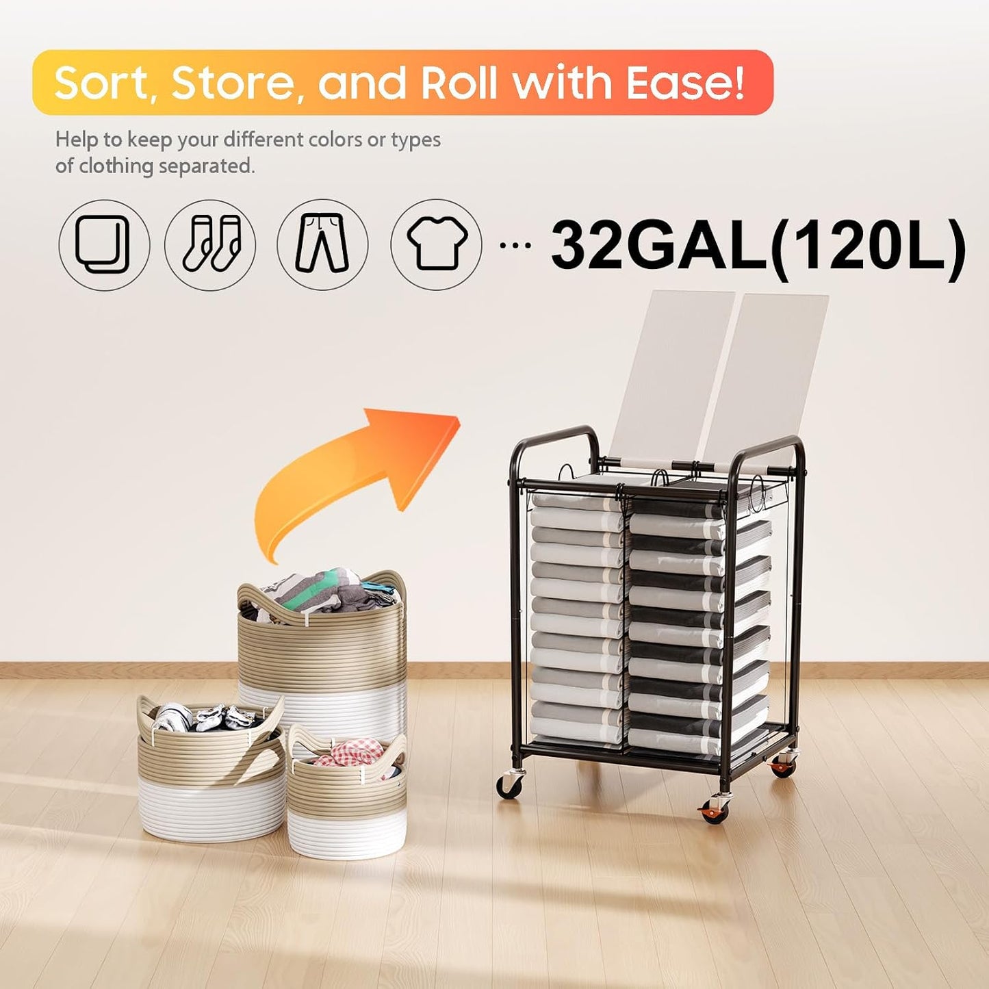 180L (47.55 Gal) Laundry Sorter 3 Section, Rolling Laundry Basket with Lockable Wheels and Lid, Laundry Hamper with 3 Separated Removable Bags Dirty Clothes Hamper for Laundry Room Organizer, Black