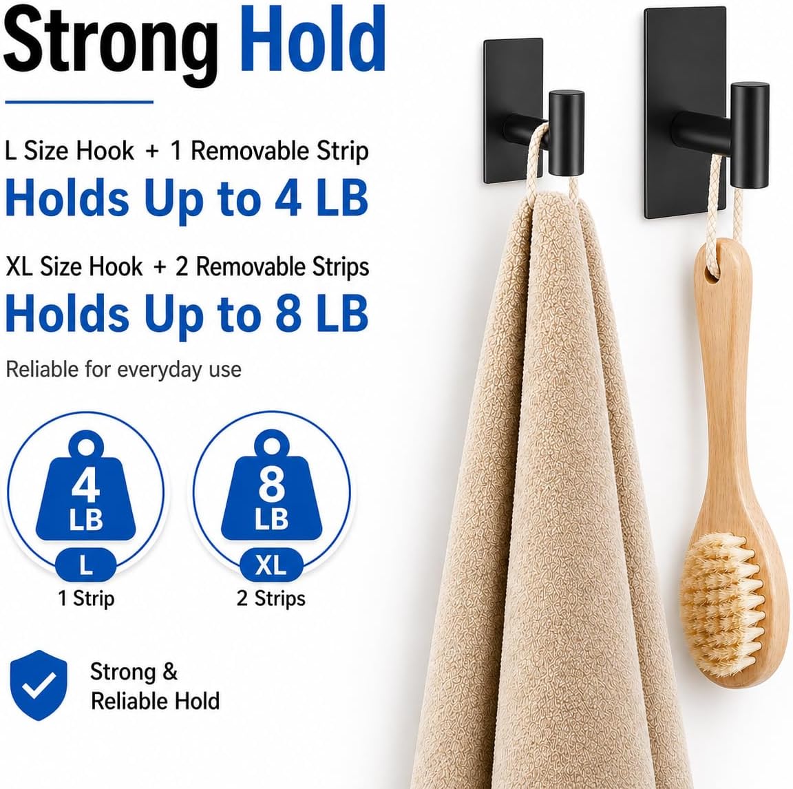 Removable Towel Hooks for Bathrooms, Heavy Duty Adhesive Hooks for Walls No Damage, Black Home Storage Hooks for Inside Shower, Sticky Hooks for Hanging Robe Coat Loofah Clothes Kitchen, 14Pcs Sus304