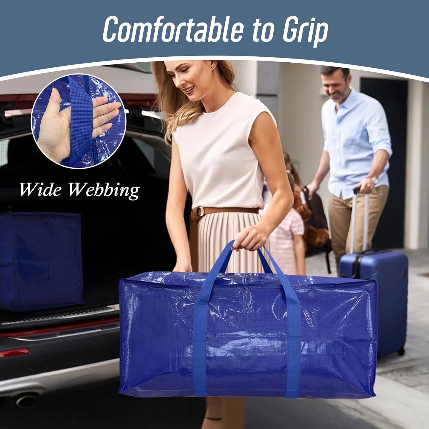 6 Pack Extra Heavy Duty Large Moving Bags with Strong Zipper & Comfortable Handles, Sturdy & Durable Clothes Storage Bags Totes Bins, Blue Packing Moving Boxes for College Supplies, Dark Blue