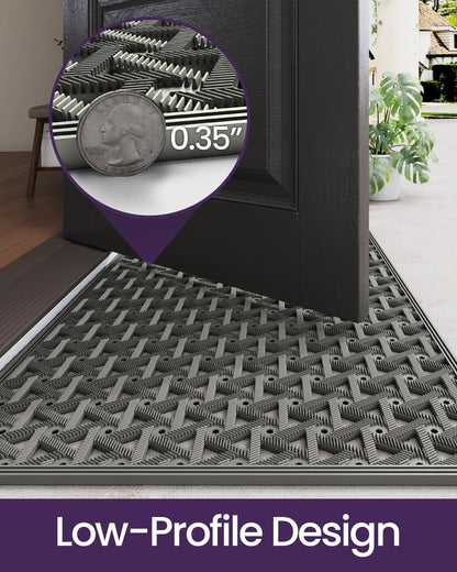 DEXI Front Door Mat Outside Entrance Rubber 19x30, Welcome Floor Doormat Heavy Duty Non Slip, Dirt Trapper Waterproof Exterior Entry Mats All Weather for Patio Entryway Drainage, Black