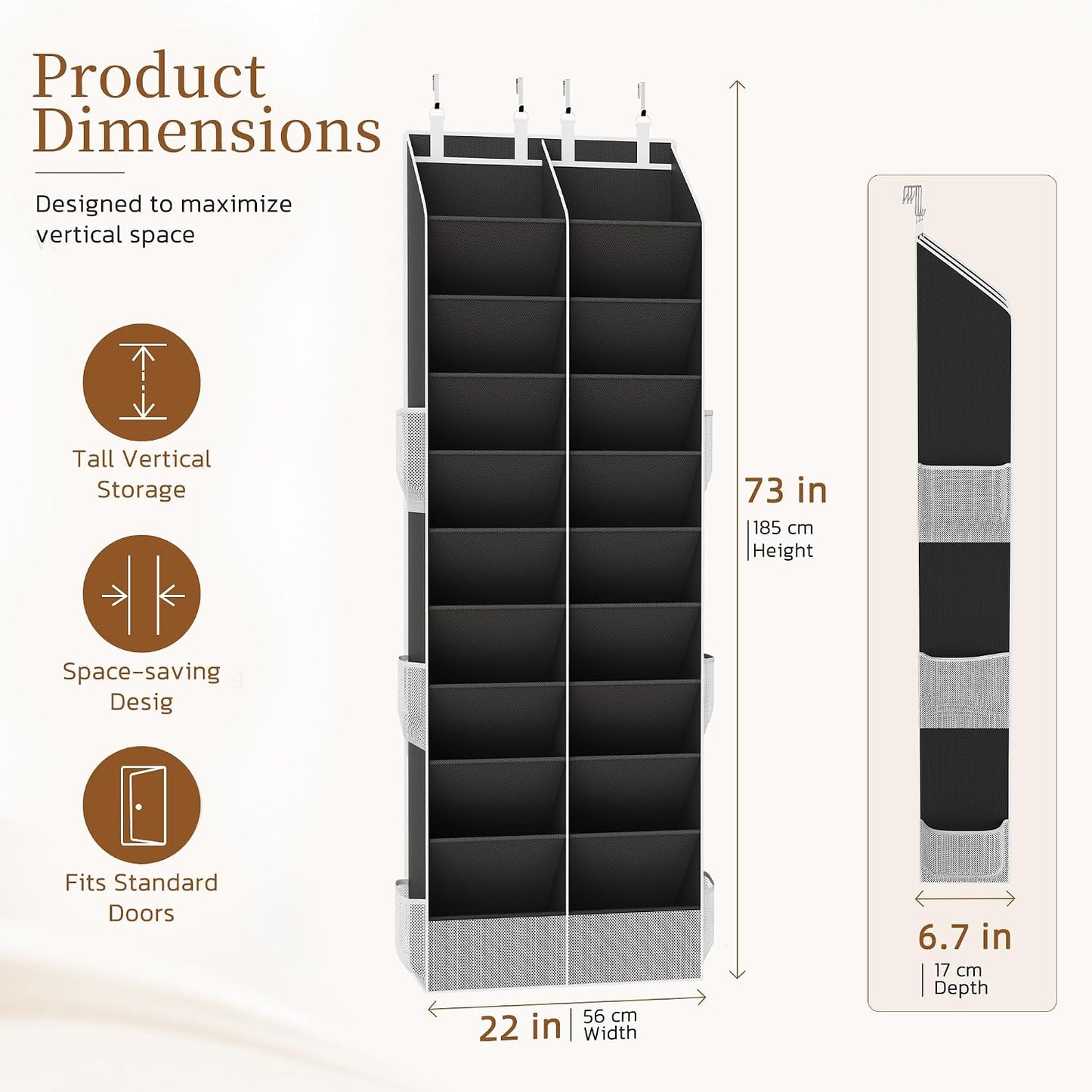 Criusia Over the Door Shoe Organizer, 20-30 Pairs Heavy-Duty Hanging Shoe Storage with Large Pockets, 10-Tier Door Shoe Rack with 4 Hooks for Sneakers Sandals Heels Boots (Black)