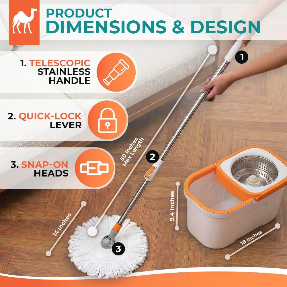 Grazie Spin Mop & Bucket Set - 360° Self-Wringing System with Wheels, Stainless Steel Handle - Hands-Free Floor Cleaning for Hardwood, Tile, Laminate - Includes 4 Washable Microfiber Mop Head Refills