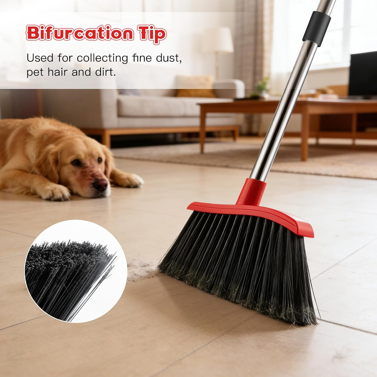 Heavy Duty Broom, 54-inch Adjustable Long Handle Angle Brooms Large Brooms for Sweeping Indoor and Outdoor Commercial Broom for Home Kitchen Patio Garage Porch Courtyard Classroom, Red